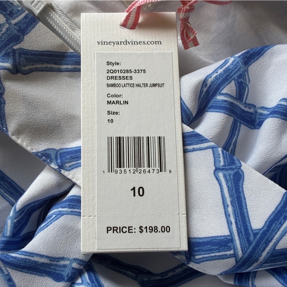 Vineyard Vines Bamboo Lattice Halter Jumpsuit Size 10 Blue White - Picture 12 of 16